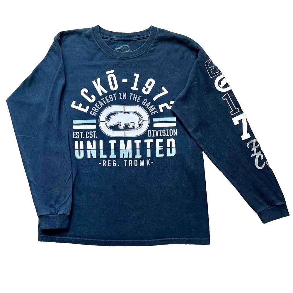 Y2K Style Ecko Unltd Long Sleeve Graphic Tee Navy Blue Mens M Rhino 1972